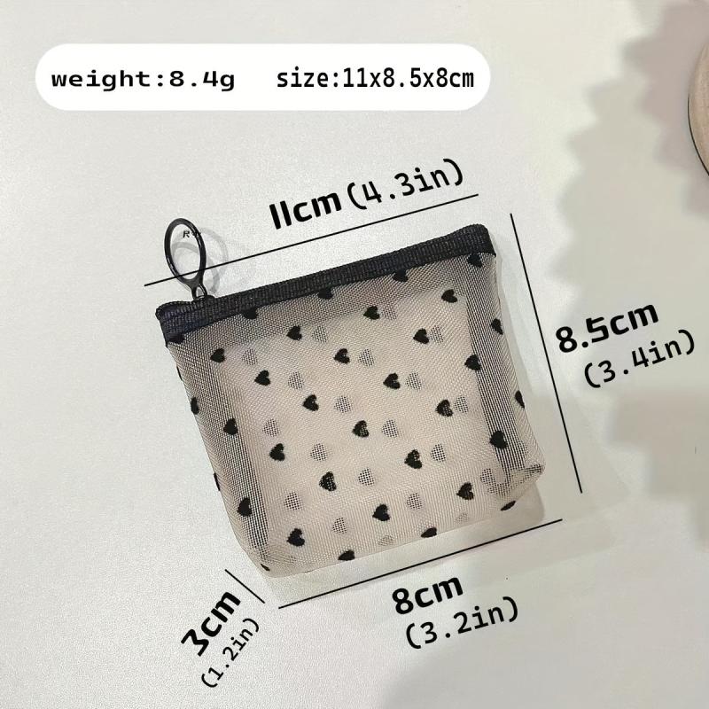 Heart Zipper Mesh Cosmetic Bag Portable Toiletry Bag For Women Girls
