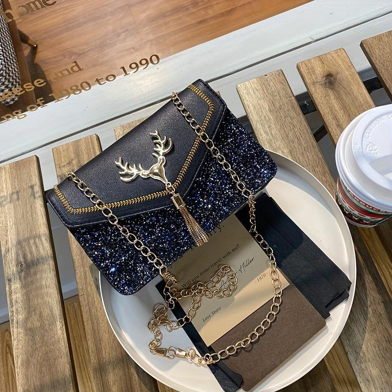 Colorblock Sequin Flap Bag with Charm and Tassel Detail