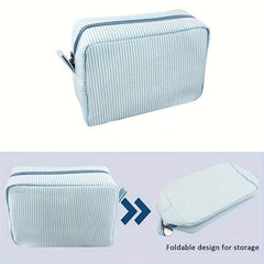 Seersucker Makeup Bag Large Capacity Travel Toiletry Case Zipper Closure