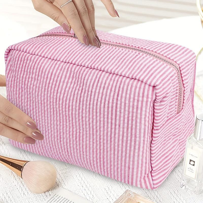 Seersucker Makeup Bag Large Capacity Travel Toiletry Case Zipper Closure