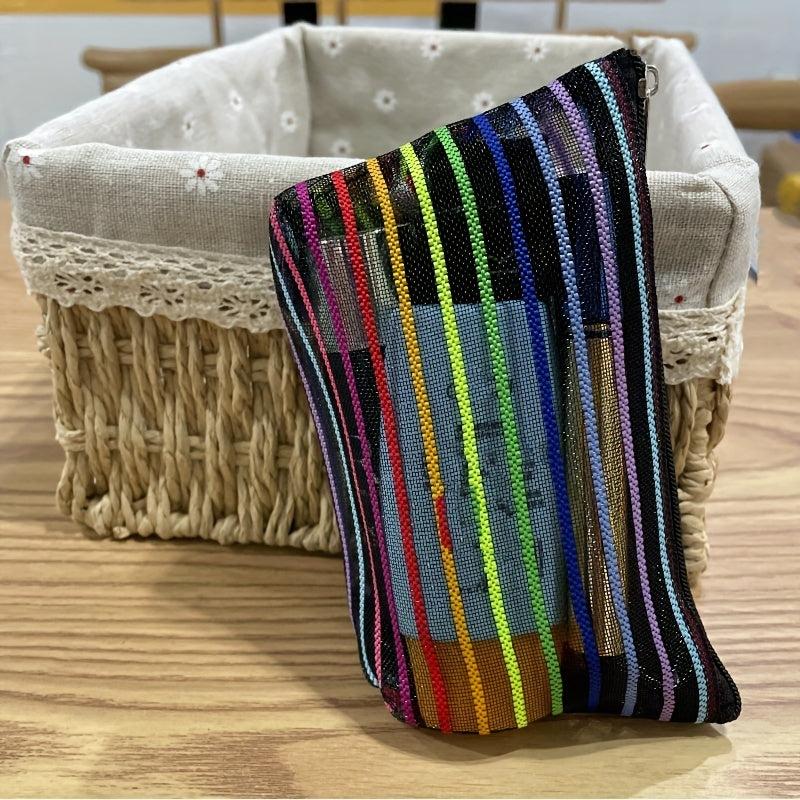 Striped Mesh Makeup Bag Travel Organizer Zipper