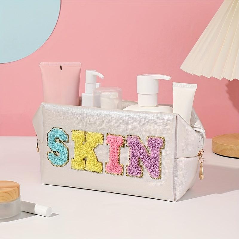 Preppy Makeup Bag PU Leather Cosmetic Bag Organizer Zipper Travel Toiletry Bag