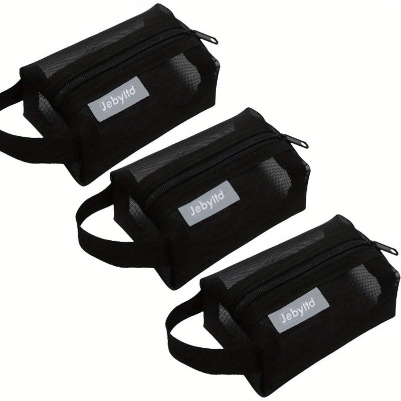 3pcs Portable Mesh Storage Bag Cosmetic Toiletry Zipper Pouch