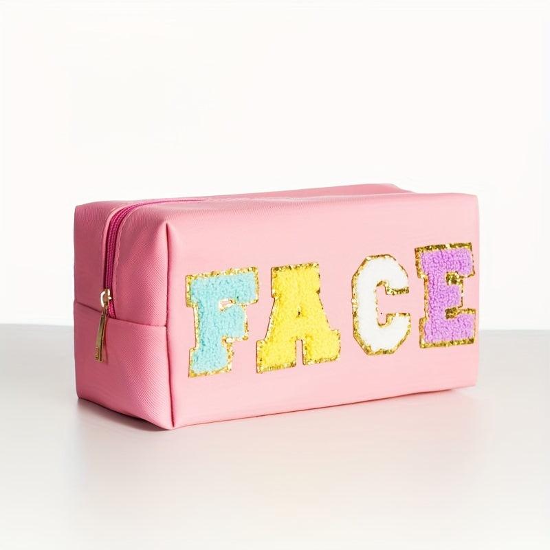 Preppy Makeup Bag Organizer Chenille Letter Patch Travel Pouch Pink