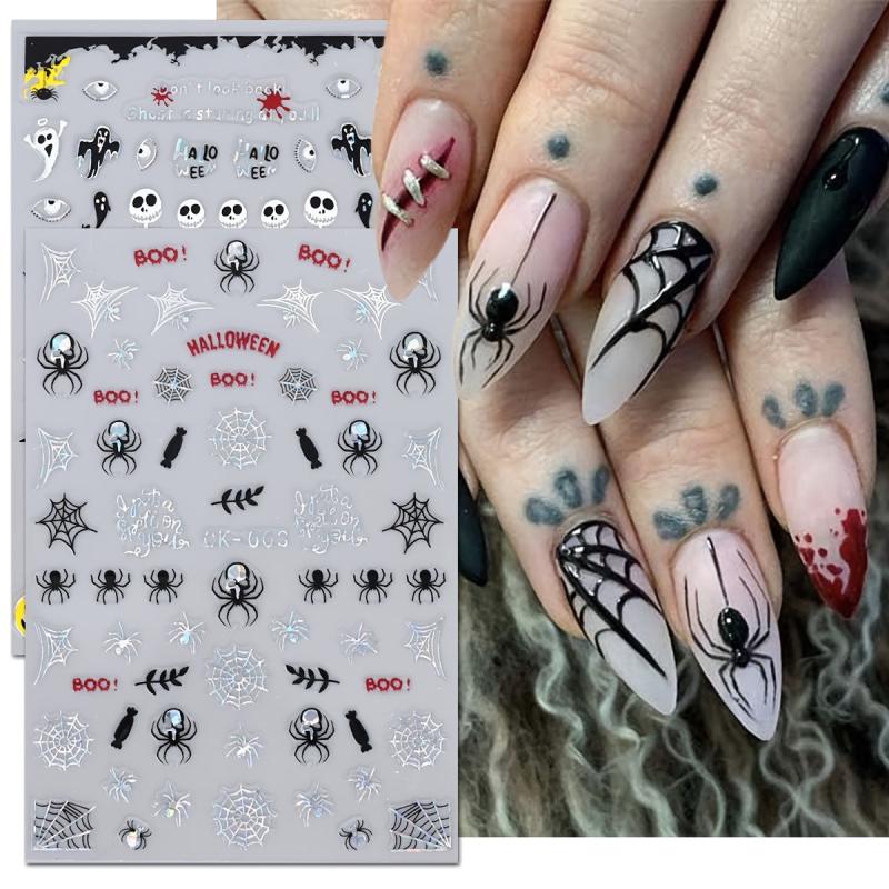 4 Halloween Nail Art Stickers Self Adhesive DIY Laser Pumpkin Ghost Spider Skull