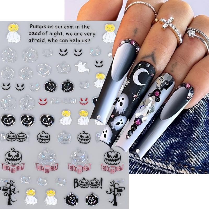 4 Halloween Nail Art Stickers Self Adhesive DIY Laser Pumpkin Ghost Spider Skull