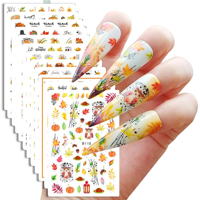 12 Sheets Maple Leaf Nail Art Stickers 3D Self Adhesive Fall Leaf Stickers