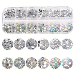 12 Grids Glitter Transparent Flat Rhinestone Inlaid DIY Nail Art Decoration