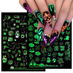 9pcs Glow In Dark Halloween Nail Decals Pumpkin Bat Ghost Designs DIY Nail Art