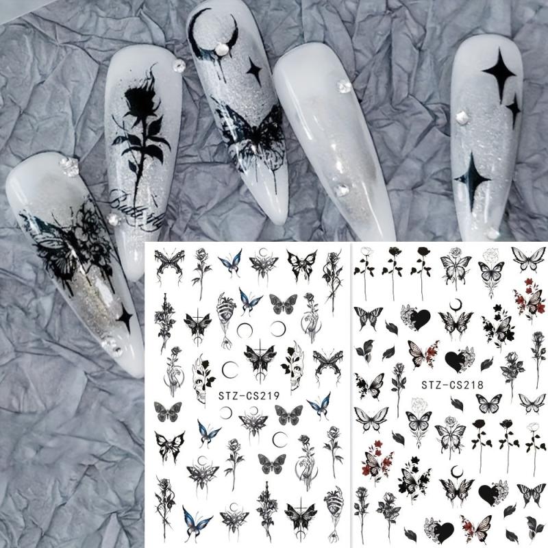 Butterfly Nails Stickers Ink Dip Gradient Abstract Flower Bone Nail Art Decals
