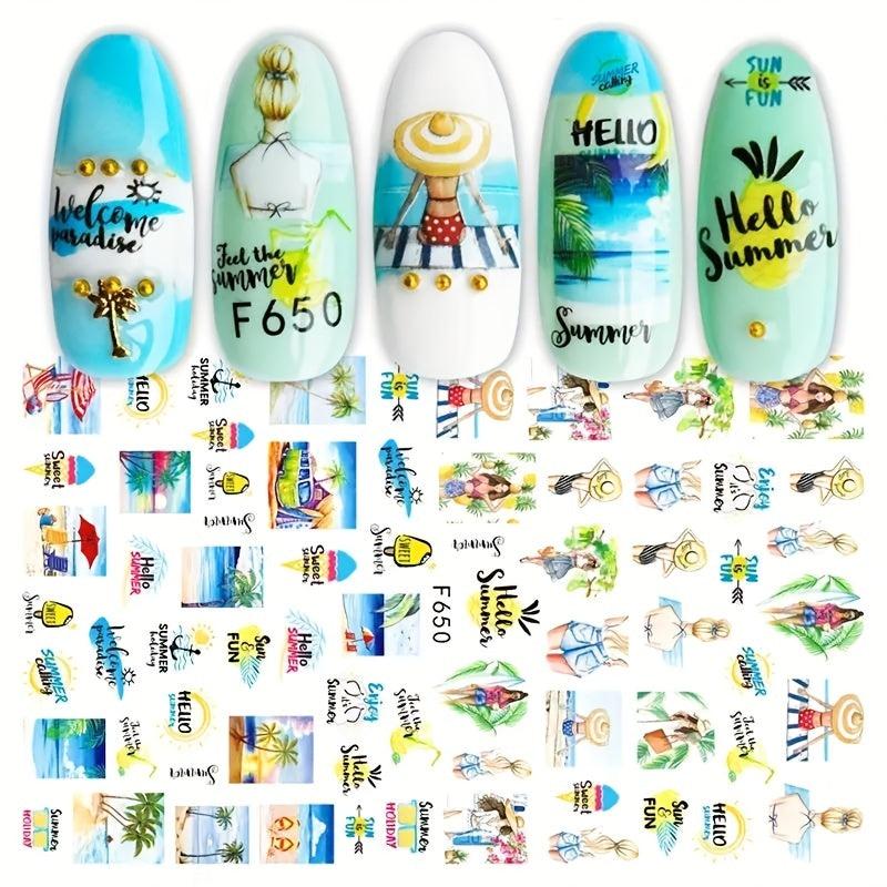 Summer Nail Art Stickers Conch Palm Flamingo Surfing