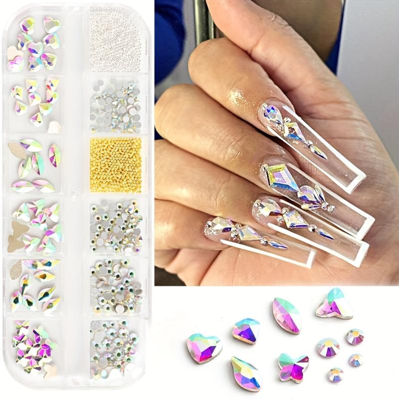 12 Grids Mixed Shape Nail Art Rhinestones Caviar Beads Gemstones