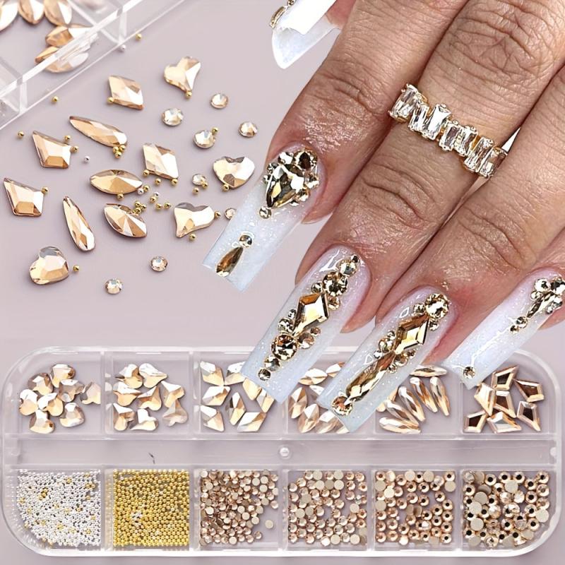 12 Grids Mixed Shape Nail Art Rhinestones Caviar Beads Gemstones
