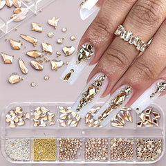 12 Grids Mixed Shape Nail Art Rhinestones Caviar Beads Gemstones