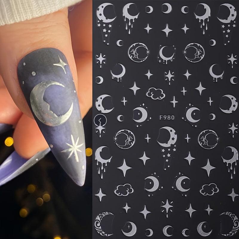 6Pcs Bronzing Nails Art Stickers Silver Star Moon Sun Cloud Snake Nail Decals