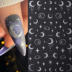 6Pcs Bronzing Nails Art Stickers Silver Star Moon Sun Cloud Snake Nail Decals