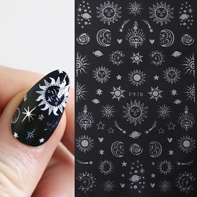 6Pcs Bronzing Nails Art Stickers Silver Star Moon Sun Cloud Snake Nail Decals
