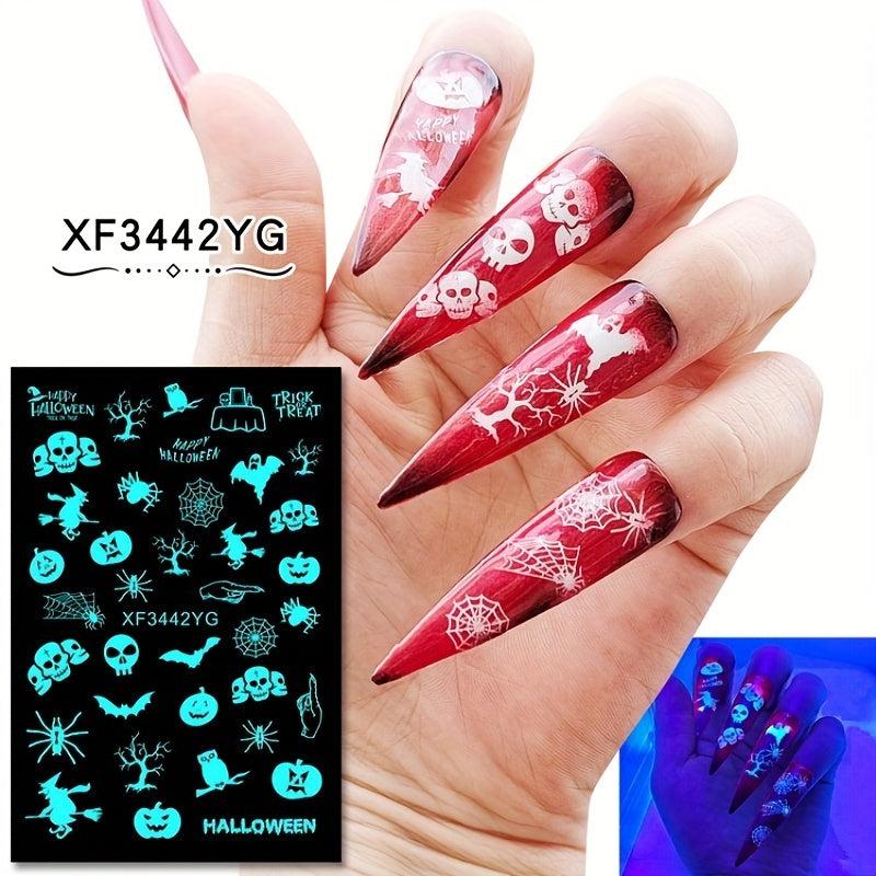 12pcs Luminous Halloween Nail Art Stickers Skull Pumpkin Bat Nail Art Decals