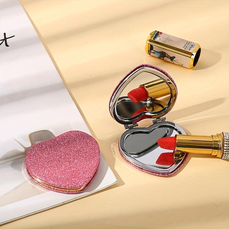 Glitter Pink Heart Shaped Mirror for Girls and Women - Makeup and Travel