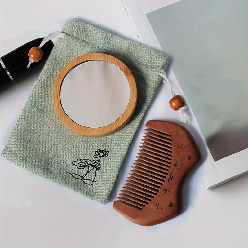 Vintage Wood Mirror Comb Set With Bag Mini Wooden Round Vanity Makeup Mirror