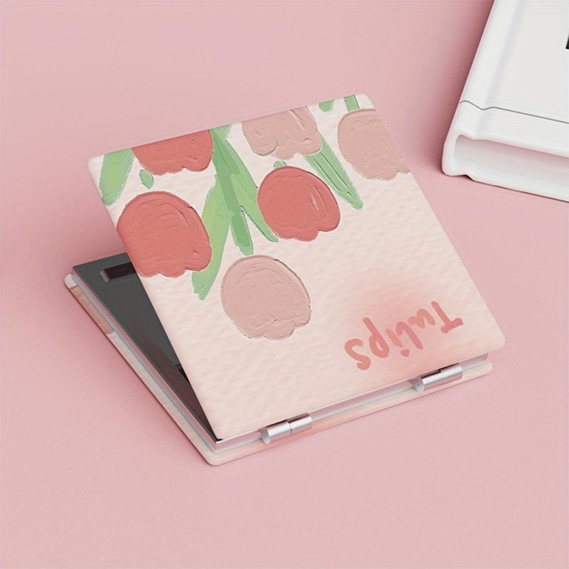 Tulips Print Square Folding Mirror Cartoon Double Side Makeup Mirror