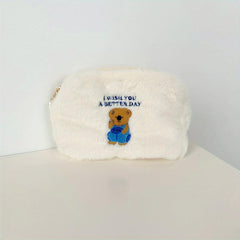 Animal Embroidered Fluffy Makeup Bag Plush Storage Pouch