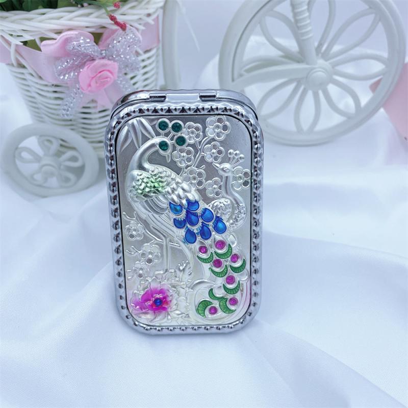 Vintage Peacock Vanity Mirror Compact Magnifying Glass Rhinestones Metal