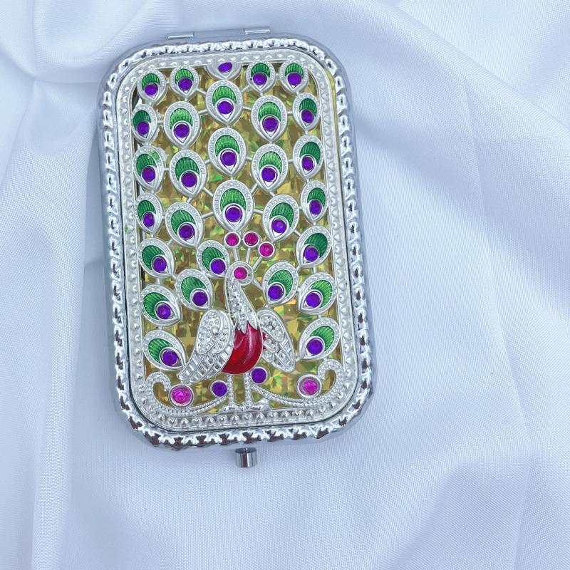 Vintage Peacock Vanity Mirror Compact Magnifying Glass Rhinestones Metal