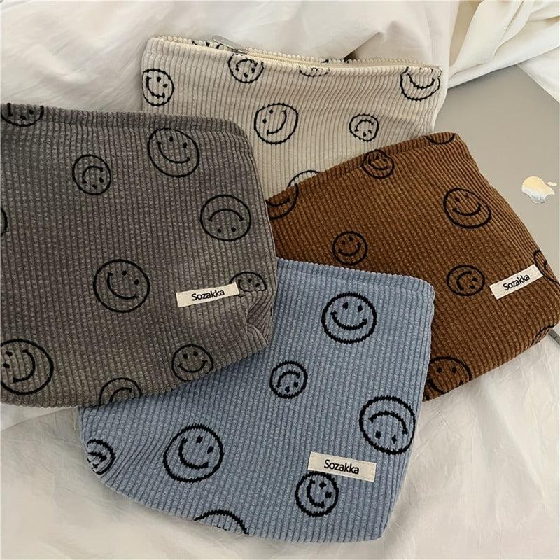 Corduroy Smiling Face Makeup Bag Travel Toiletry Organizer
