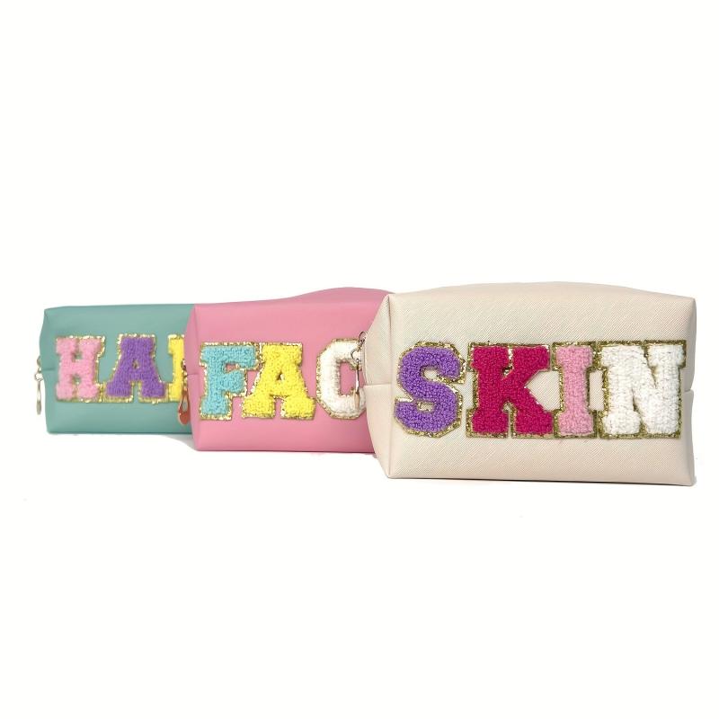 3 Pcs Preppy Patch Makeup Bag Chenille Letter Cosmetic Bag Waterproof Zipper