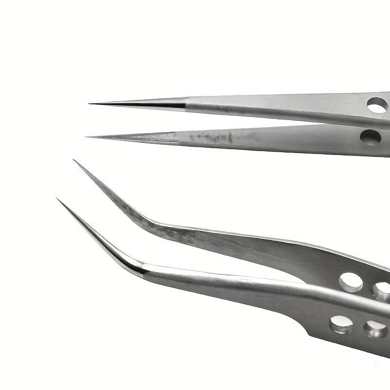 2pcs Stainless Steel Tweezers Set for Eyelash Extensions with Storage Case