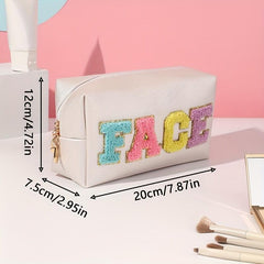 Preppy Makeup Bag Travel Toiletry Bag Letter Patch PU Leather Waterproof
