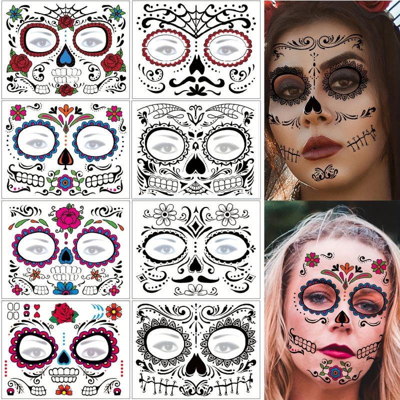 8 Pcs Waterproof Face Tattoo Stickers Halloween Makeup Prank Tattoos