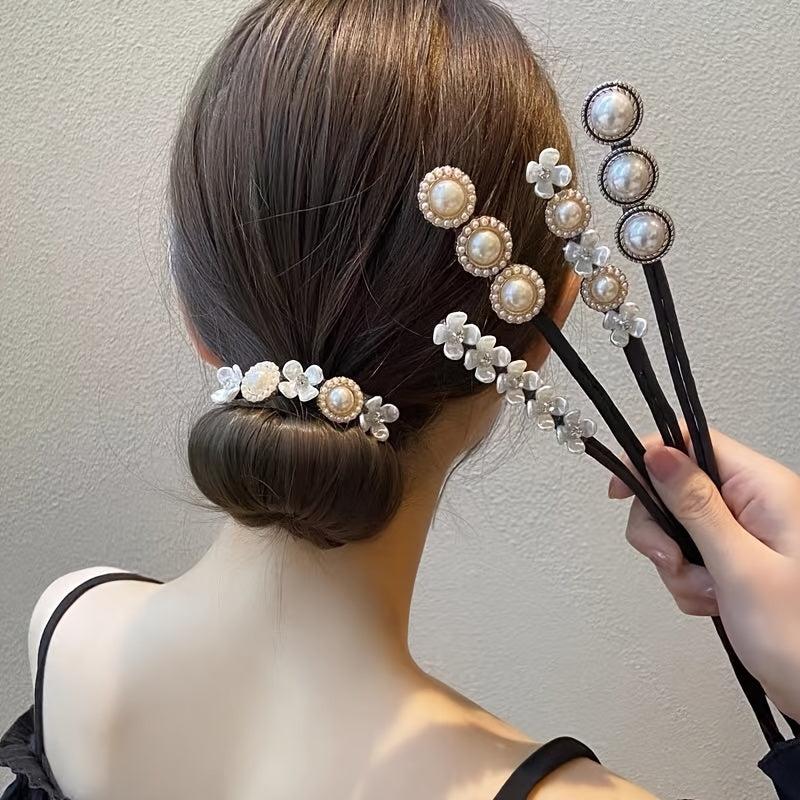 Rhinestone Hair Bun Maker with Pearls and Flowers