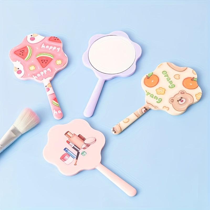 2pcs Cartoon Print Hand Mirror Floral Makeup Vanity Mirror for Girls Women Gift