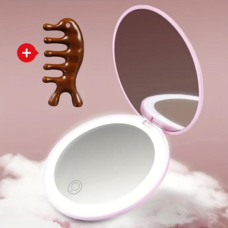 2pcs LED Makeup Mirror & Massage Comb Set Travel Portable Lighted Compact Mirror