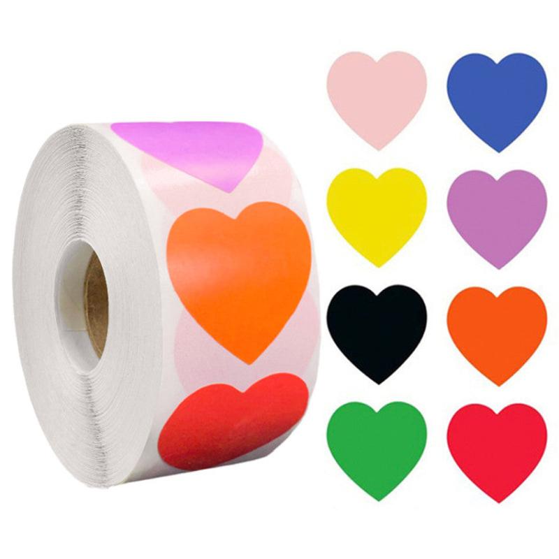 500 Heart Label Sticker, 8 Colors, Adhesive, Party Decoration
