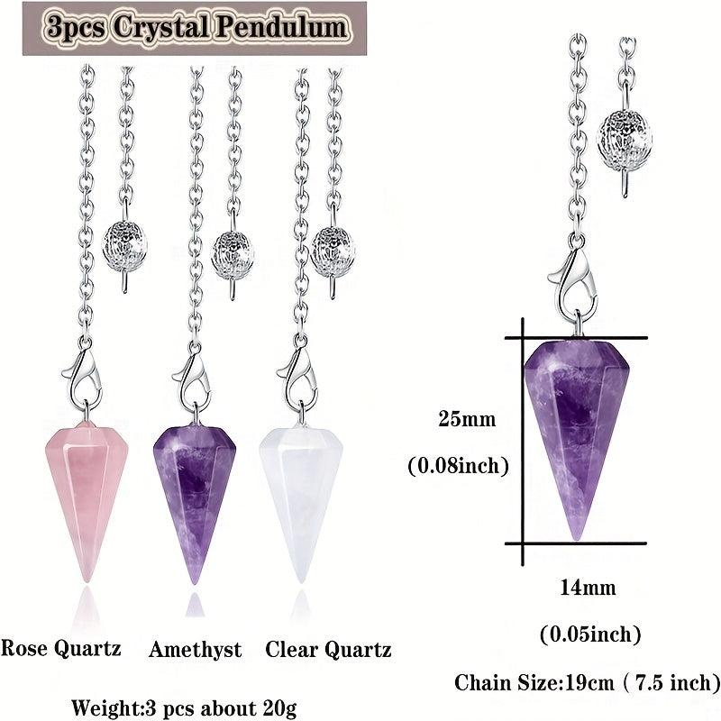 3pcs Crystal Pendulums Set Amethyst Rose Quartz Clear Quartz Healing Crystal