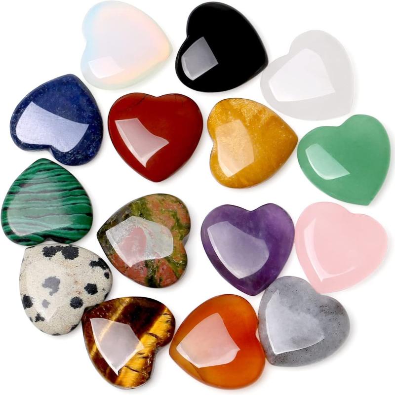 15pcs Heart Crystals Healing Pocket Stones Rose Quartz Amethyst Set
