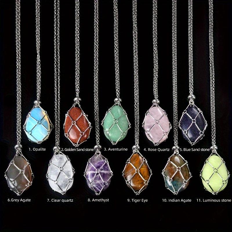 Natural Stone Bamboo Pendant Necklace DIY Mesh Pocket Energy Stone Gift