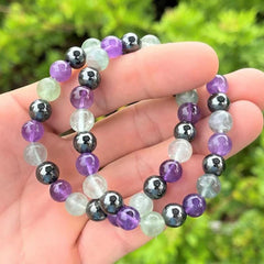 Emotionally Balanced Crystal Bracelet Amethyst Rhodochrosite Olive Fluor.