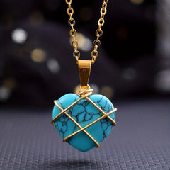 Heart Shape Love Golden Crystal Necklace Wire Wrapped Stone Pendant