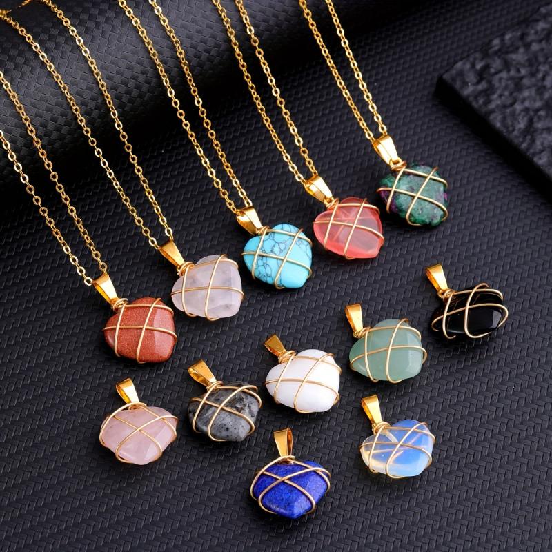 Heart Shape Love Golden Crystal Necklace Wire Wrapped Stone Pendant
