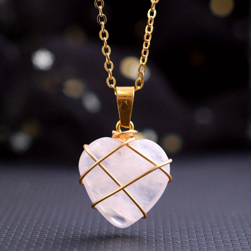 Heart Shape Love Golden Crystal Necklace Wire Wrapped Stone Pendant
