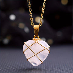 Heart Shape Love Golden Crystal Necklace Wire Wrapped Stone Pendant