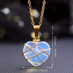 Heart Shape Love Golden Crystal Necklace Wire Wrapped Stone Pendant