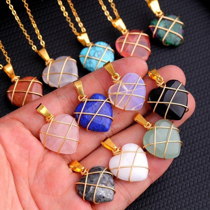 Heart Shape Love Golden Crystal Necklace Wire Wrapped Stone Pendant