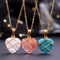Heart Shape Love Golden Crystal Necklace Wire Wrapped Stone Pendant