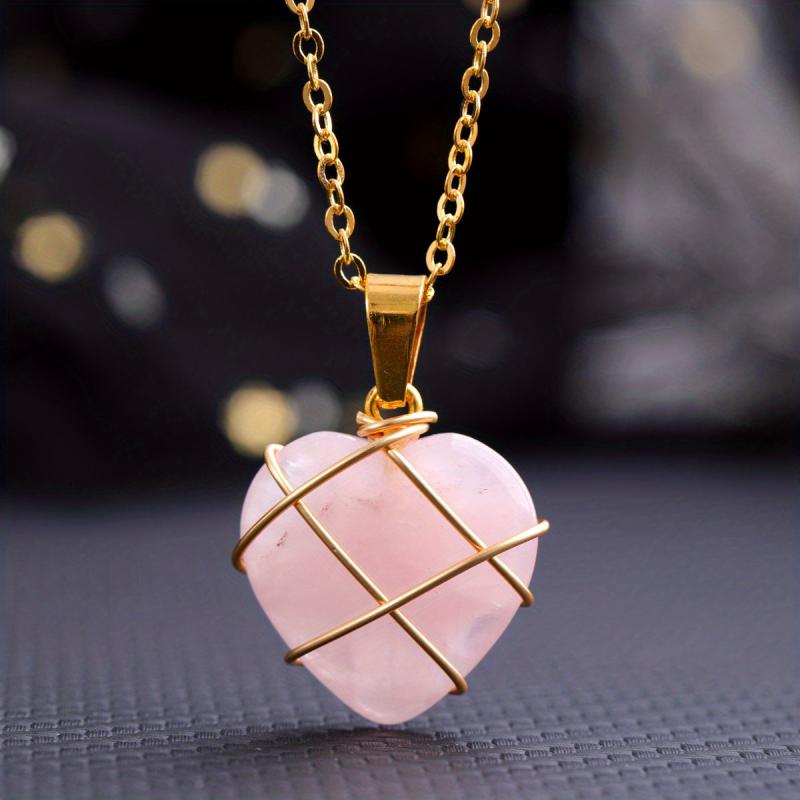 Heart Shape Love Golden Crystal Necklace Wire Wrapped Stone Pendant