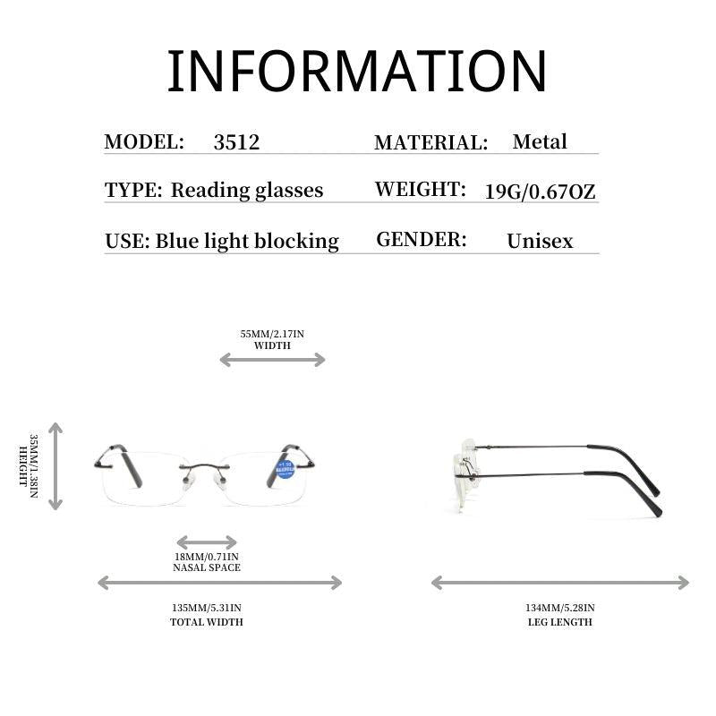 Metal Frame Rimless Light Blocking Reading Glasses